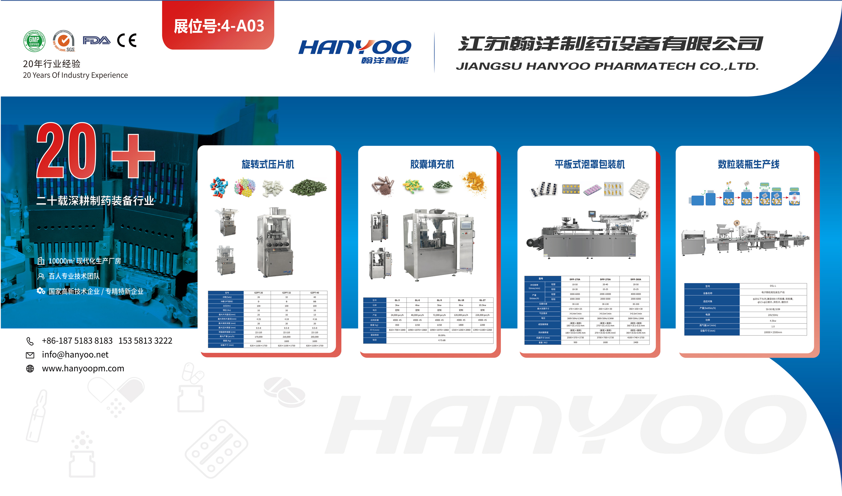 厦门 CIPM 药机展 翰洋智能 HANYOO 展位 4-A03，展出高速压片机、胶囊填充机、平板泡罩机、辊板泡罩机、视觉数粒生产线